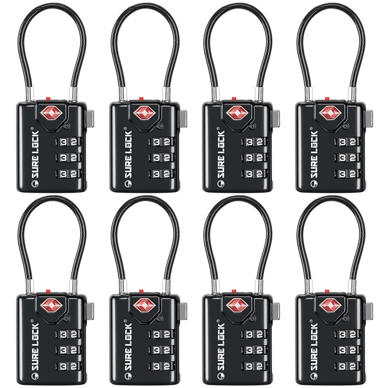 SURE LOCK TSA Compatible Travel Luggage Locks, Inspection Indicator, Easy Read Dials TSA Approved with Zinc Alloy (1, Black 8 Pack) - Image 1